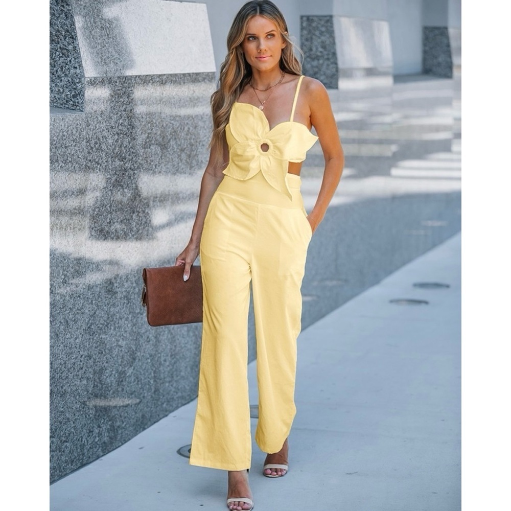 ChicMe Floral Hollow Out Yellow Jumpsuit, Size XL